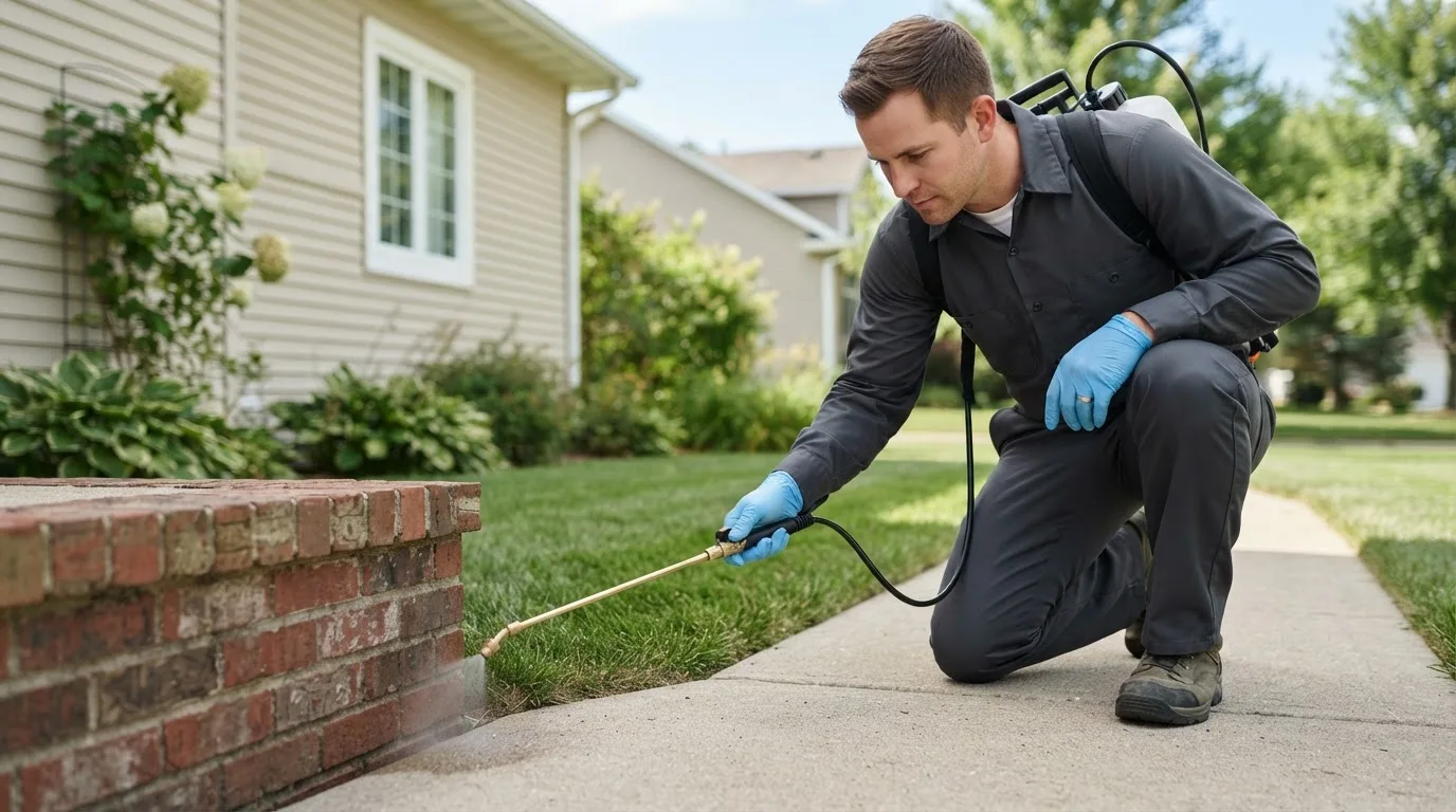 Pest control technician treating a home near Calais, ME